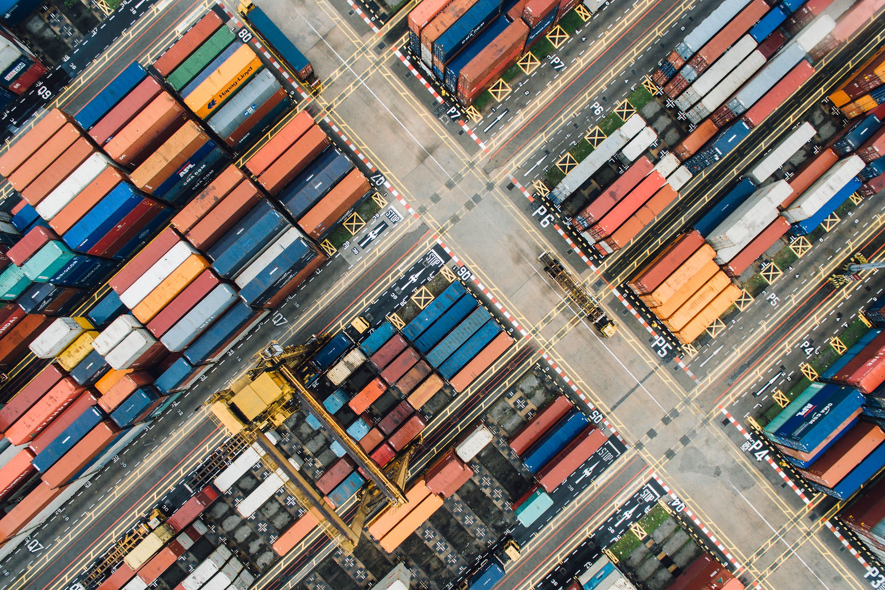 Aerial view of freight containers in a terminal